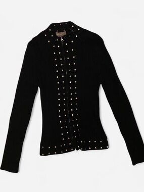 Vintage KENAR Goth Sweater Knit Top Studs Zip Up Black Long Sleeve Medium Y2K